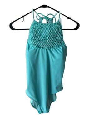teal one-piece swimsuit featuring macrame detail